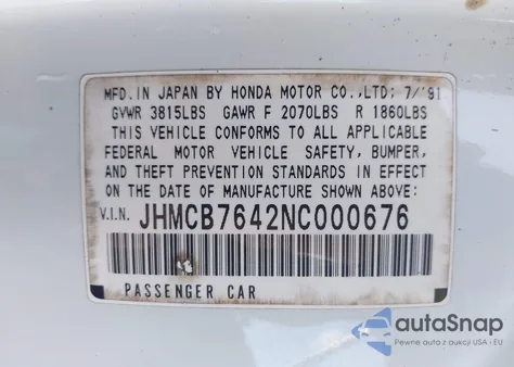 1992 Honda Accord Dx/Lx z USA, uszkodzony, nr VIN JHMCB7642NC000676